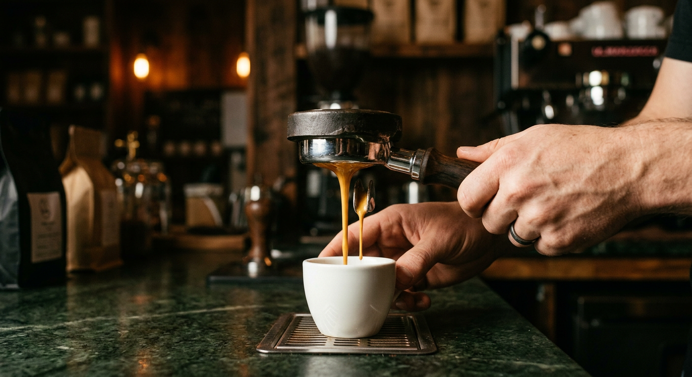 Barista extrayendo un espresso durante una práctica de calibración