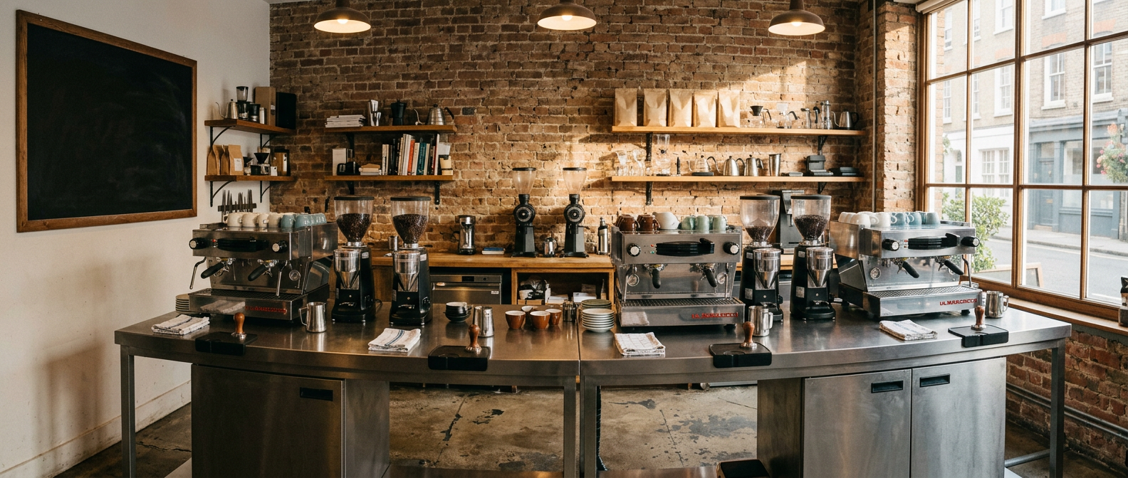 El instituto del fundador en el Corredor Oeste, con máquinas de espresso sobre una barra de acero